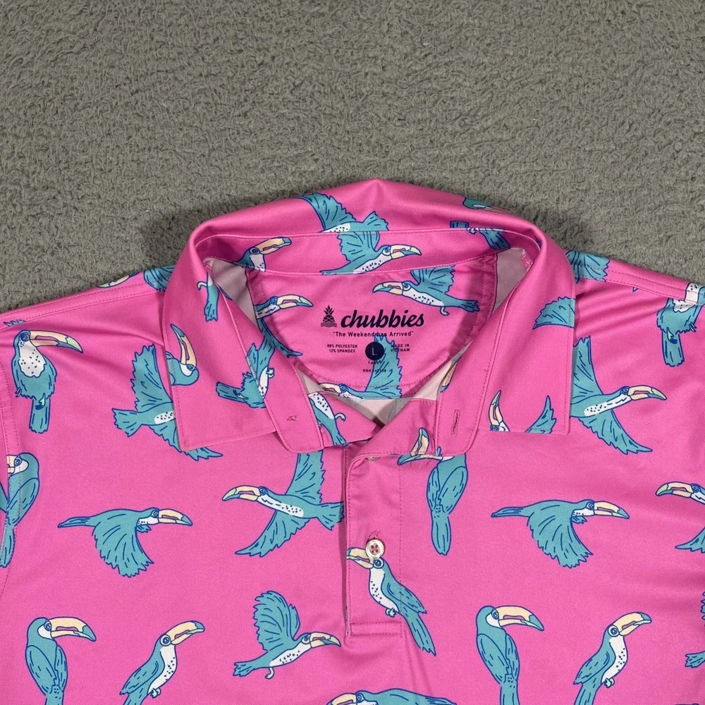 Chubbies Shirt Lightweight Mens Sz L The Toucan Do It Golf Polo Performance Pink - Picture 2 of 7